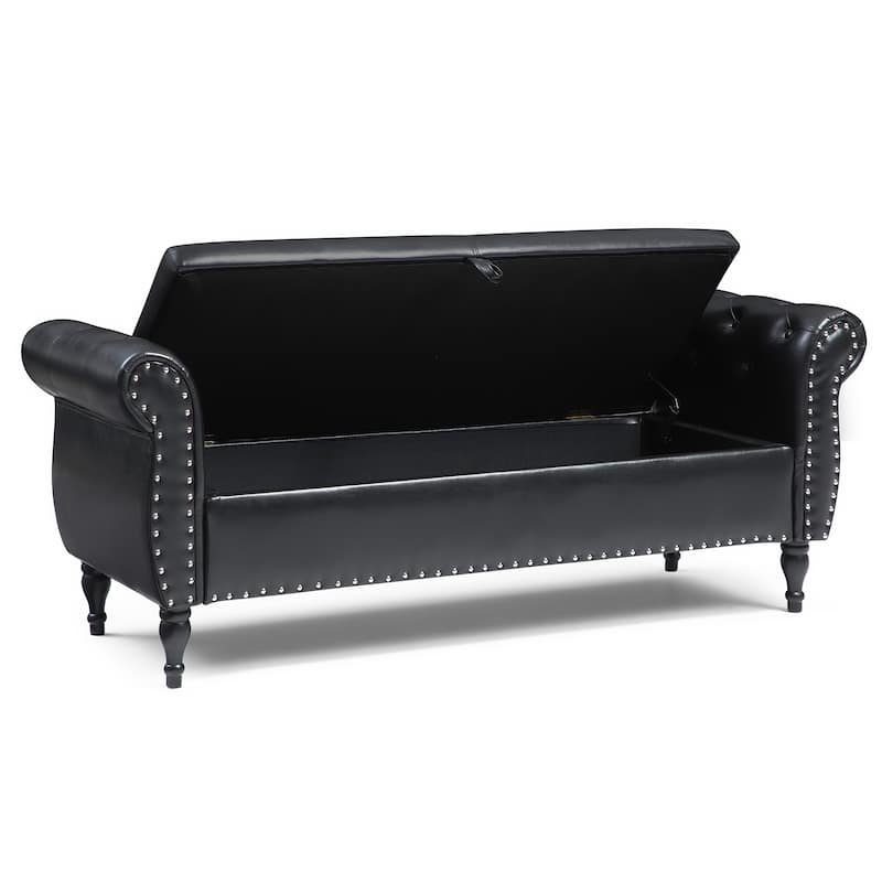 63" PU Upholstered End of Bed Bench Flip Top Entryway Ottoman with Safety Hinge Storage Rectangular Sofa Stool Buttons