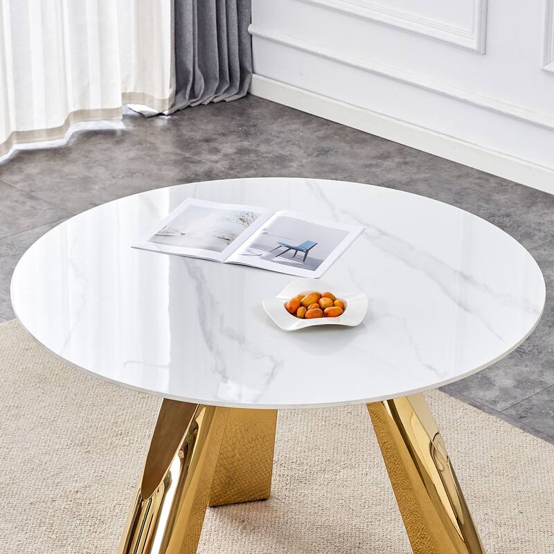 5-Piece Round Dining Table Set with Stain-Resistant Surface, PU Leather Chairs with C-shaped Bases, Scratch-resistant