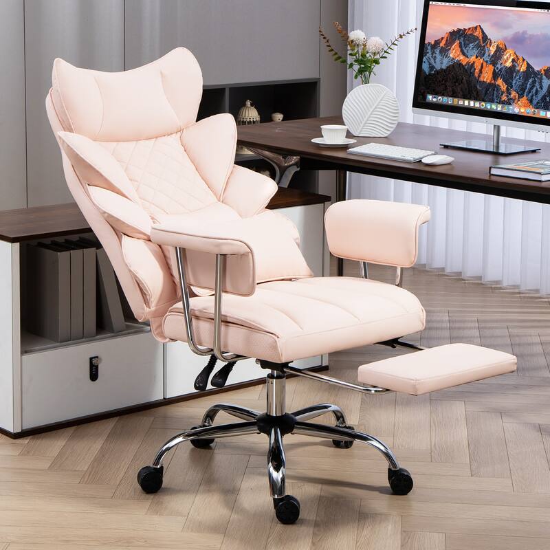 Comfortable Ergonomic Office Chair with Foot Rest, PU Leather Reclining Chair with Adjustable Height Headrest and Waist Lumber