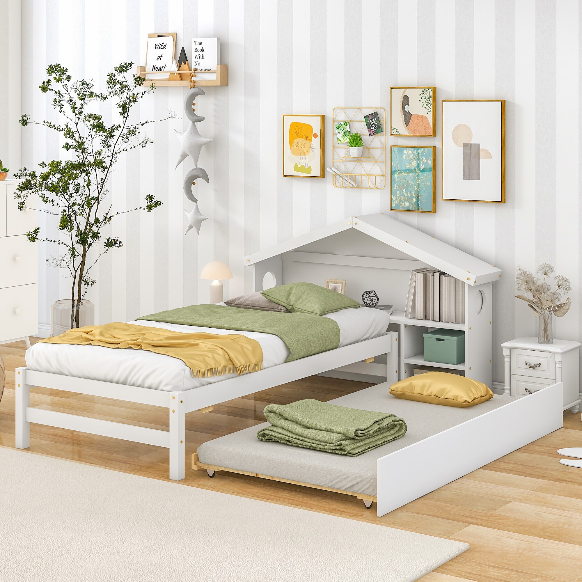 Unique Twin Size House Bed for Kids with Trundle Bedside Table