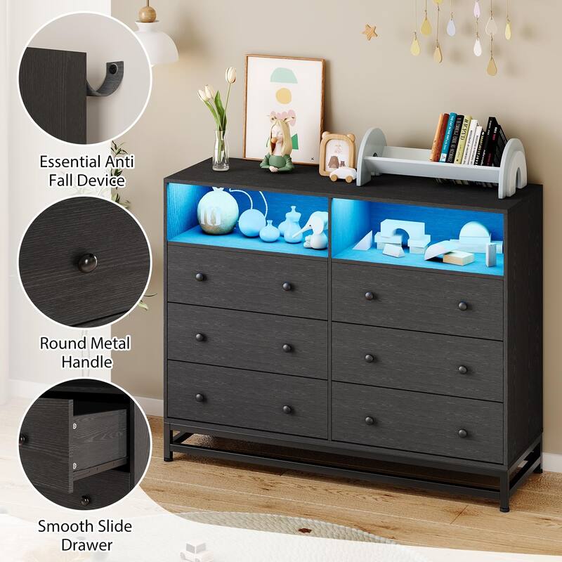 6-Drawer Double Dresser for Bedroom, Wooden TV Stand with LED Lights & Power Outlet, Storage Cabinet for Closet