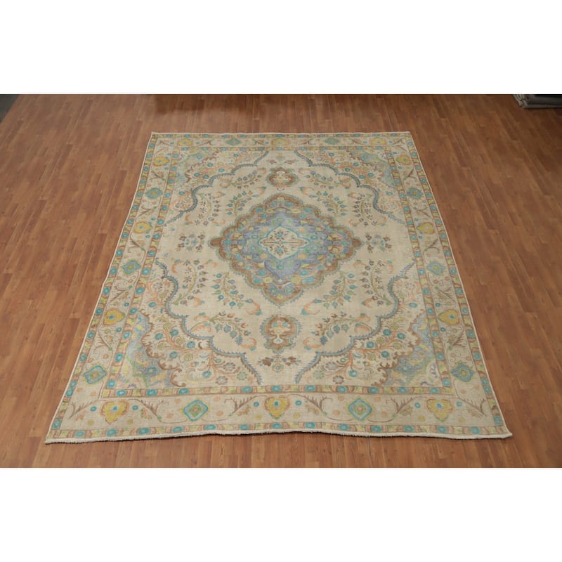 Hand Knotted Oriental 100% Wool Carpet Traditional Floral Beige & Ivories Tabriz Area Rug - 12' 2'' X 9' 7''
