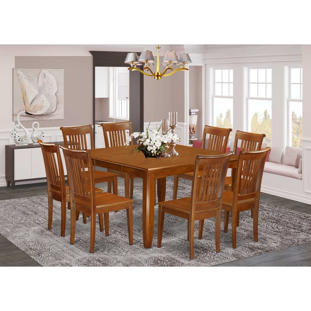 Dining Room Table Set 9 Piece - Kitchen Table with Chairs, 54x54 Inch, Saddle Brown