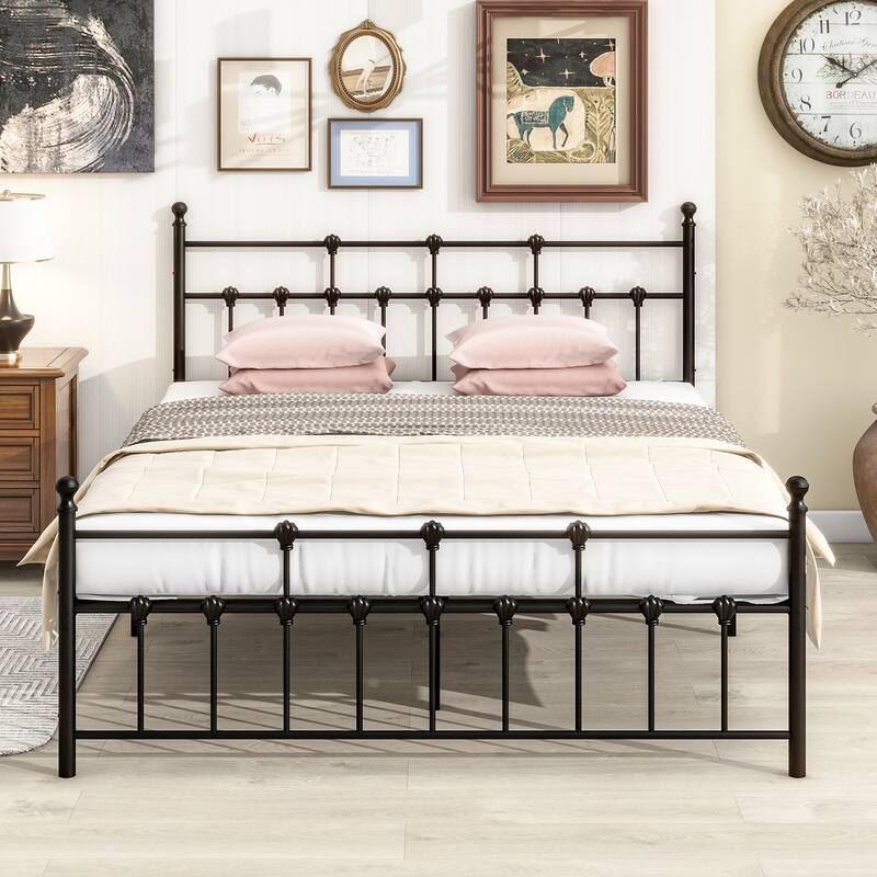 Metal Platform Bed Frame with Headboard and Footboard, Heavy Duty Slat Support/Underbed Storage Space, Vintage Style