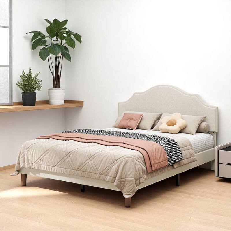 Modern Queen/King Size Platform Bed Frame with Adjustable Linen Headboard, Wood Slats, 1000lbs Support, Beige