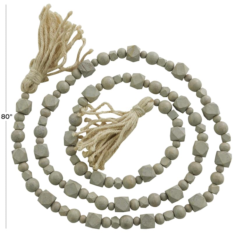 Mango Wood Handmade Hexagon Carved Geometric Long Beaded Garland with Tassel - Roche River Decor