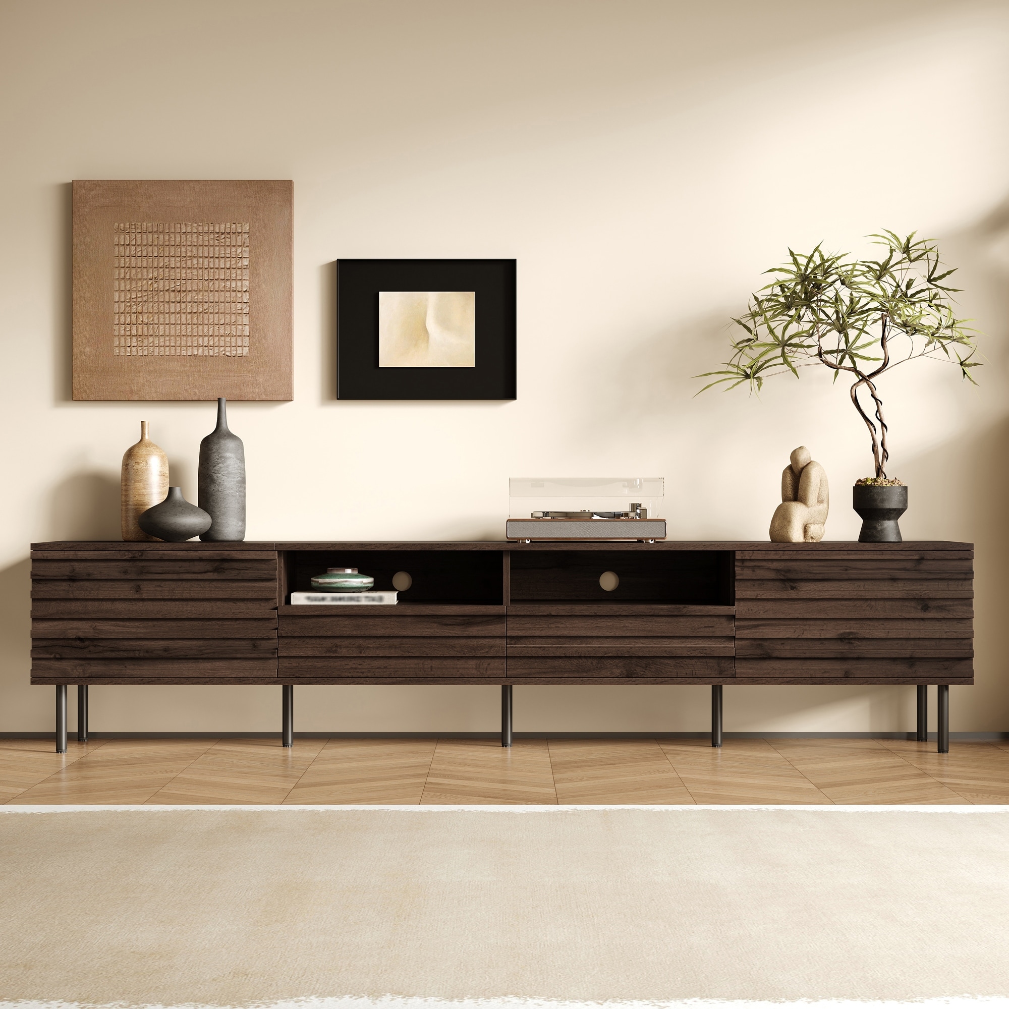 TV Stand for Living Room, Mid Century Modern Entertainment Center for 65/75/85" TVs, Slatted Door Design Media Console Table