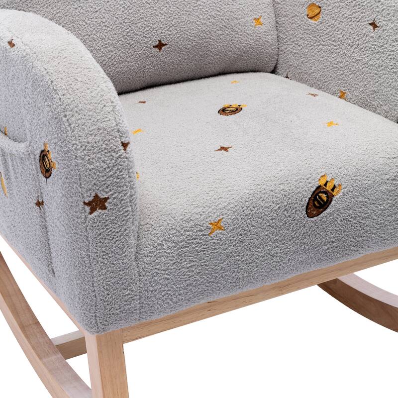 26.8'' Wooden Boucle Upholstered High Back Rocking Chair with Side Pocket: Ideal for Nursery, Living Room
