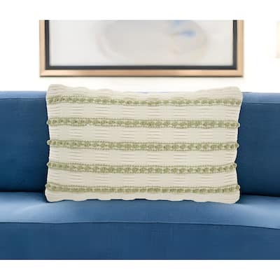 12" X 20" Sage and Ivory Striped Cotton Blend Throw Pillow With Texture