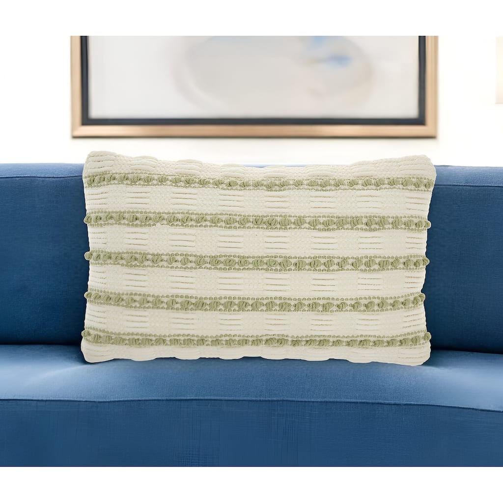 12" X 20" Sage and Ivory Striped Cotton Blend Throw Pillow With Texture