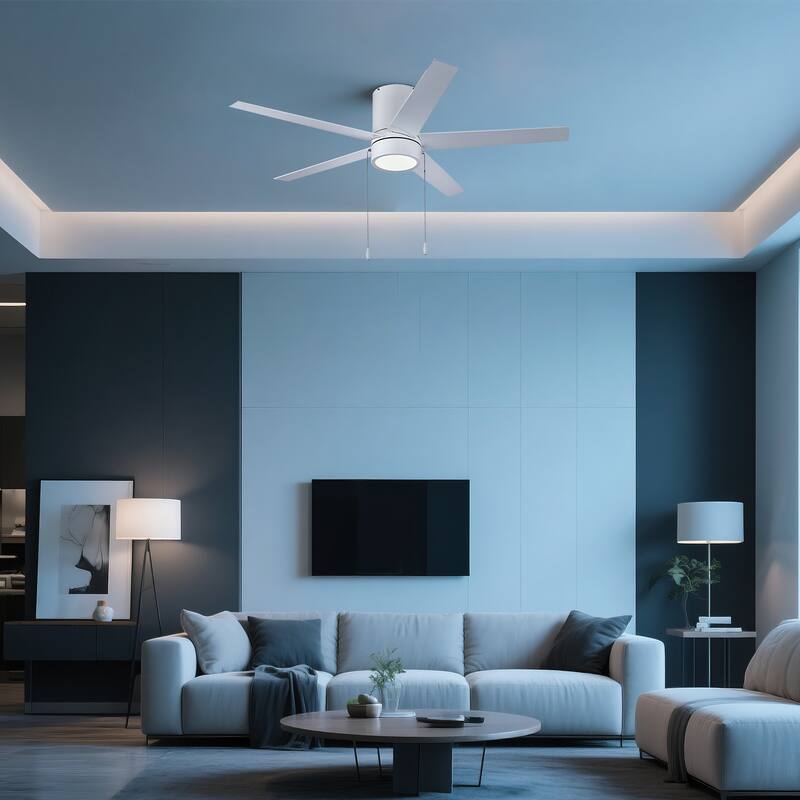52 in. Indoor Flush Mount Ceiling Fan with 5 Blades & 18W 3CCT LED - 3 Finish Options, Pull Chain Control