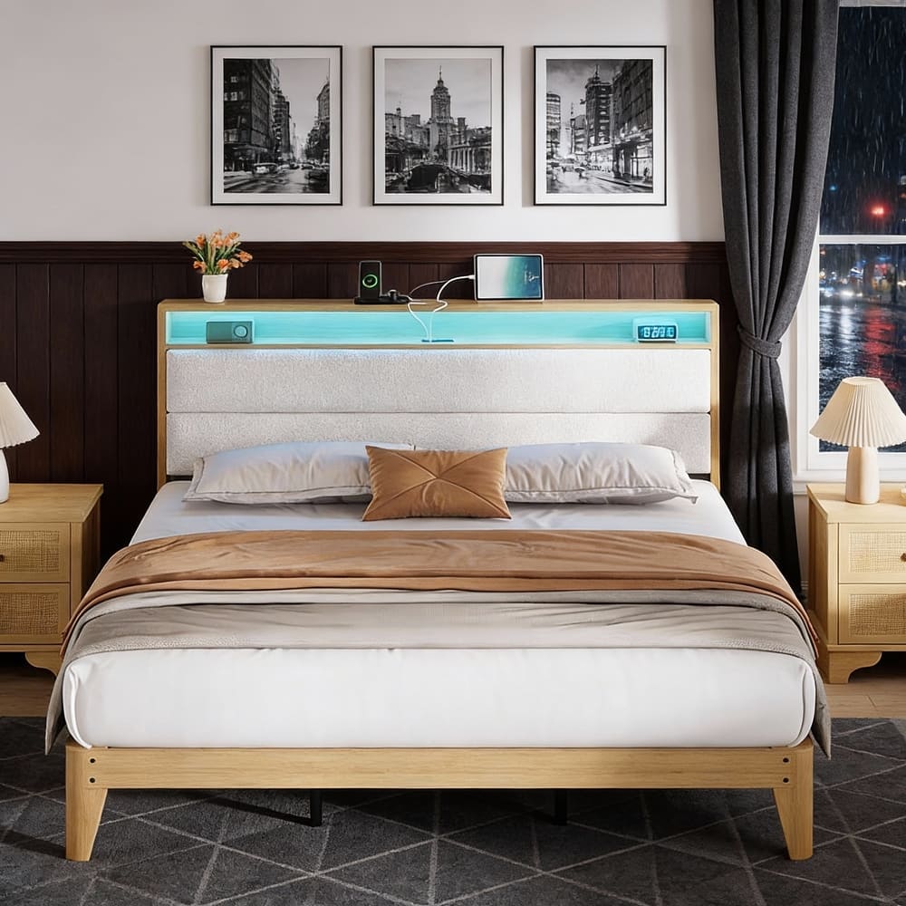 Bed Frame with LED Light, Storage Headboard and Charging Station