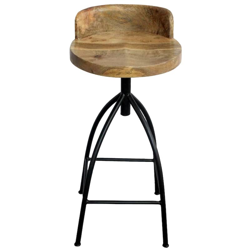 Pia 32-35 Extra Tall Adjustable Barstool, Natural Brown Mango Wood Seat, Black Iron Frame