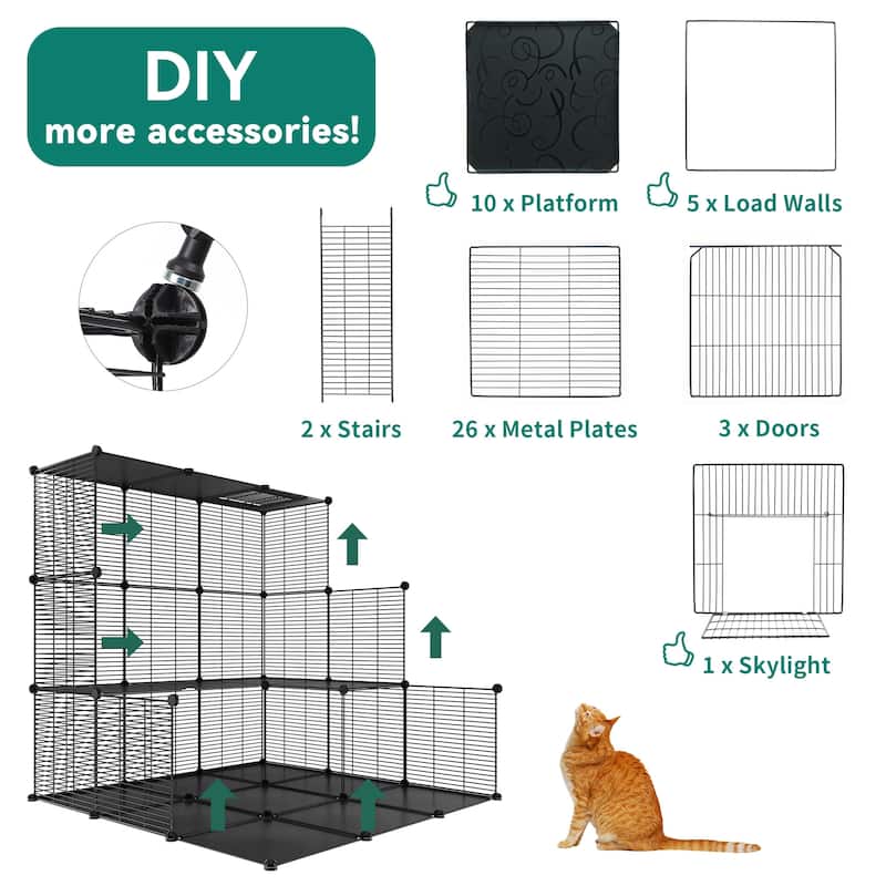 Cat Cage Indoor Cat Enclosures DIY Cat Playpen Metal Kennel with Extra Large Hammock for 1-2 Cats, Ferret, Small Animals