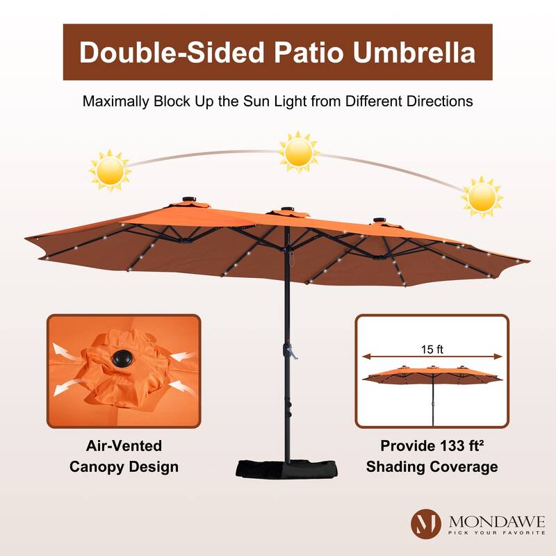 15ft Rectangular Patio Umbrella with Base and LED Lights