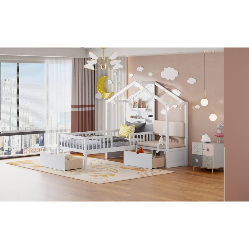 House Bed with Upholstered Sofa - White