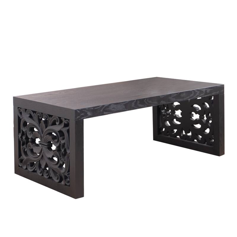 47.2" Carved Wood Coffee Table - Handcrafted Look with Ornate Side Panels