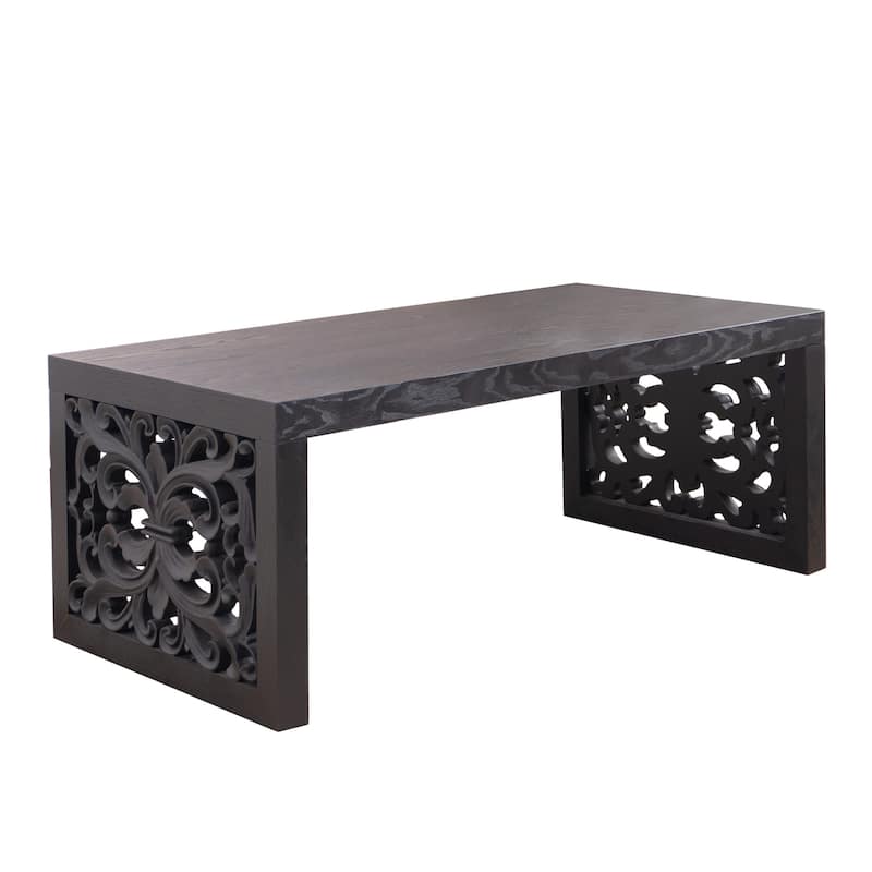 47.2" Solid Black Carved Wood Coffee Table