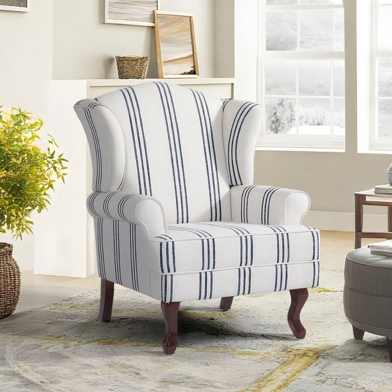Classic Wingback Accent Chair for Living Room - 1-Piece - Striped Navy/ Linen