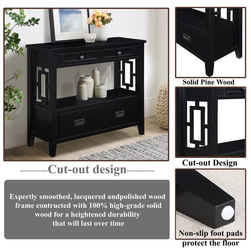 36" Country Console Table with Hollow Decorative, Solid Wood Living Room Entryway Sofa Table with 4 Drawers and Open Shelf