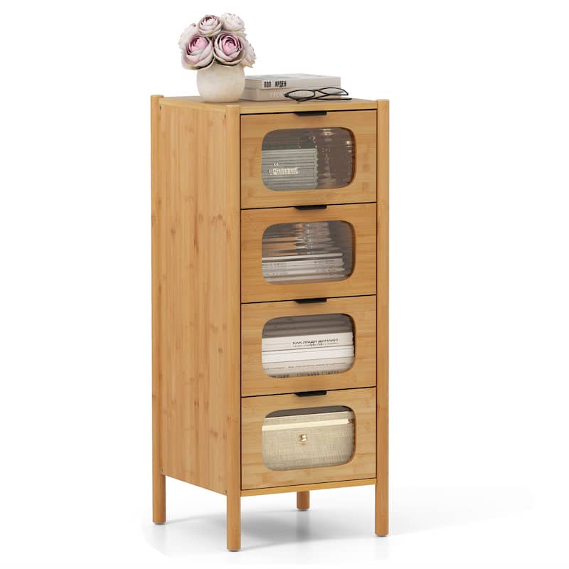 Stylish Natural Wicker Storage Chest with 4 Tempered Glass Drawers and Metal Pull Handles - 16" x 16" x 38"