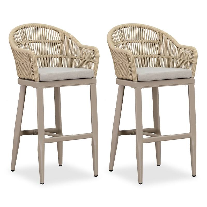 PURPLE LEAF Modern Rattan Bar Stools Set of 2 with Cushion and Back Counter Stools - Cream - Bar Height