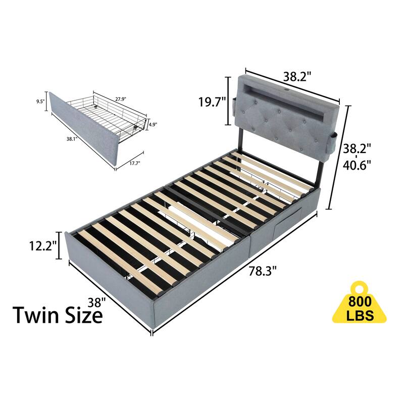 Light Gray Twin Size Platform Bed with Storage, USB Station, and LED