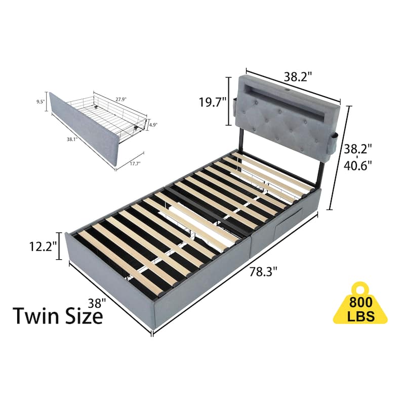 Twin Size Platform Bed with Storage, USB Station, and LED