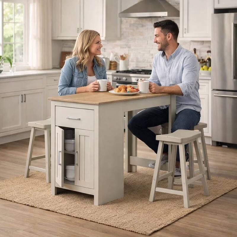 3 Piece Dining Table Kitchen Island with Storage, Counter Stools, Gray