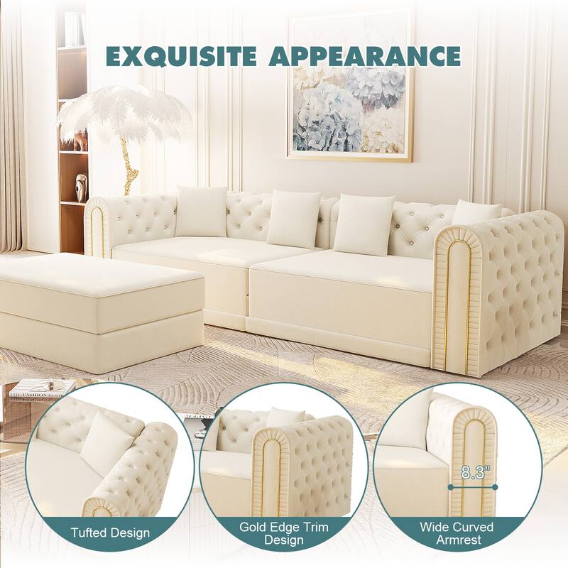 Homy Casa 90.6" 3-in-1 Convertible Sleeper Sofa with Button Tufted & Gold Trim, Movable Ottoman