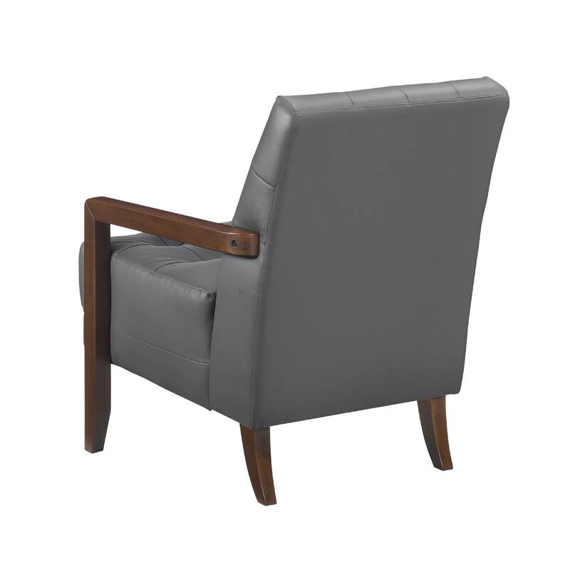 Lenie Accent Armchair, Button Tufted Dark Gray Leather, Brown Wood