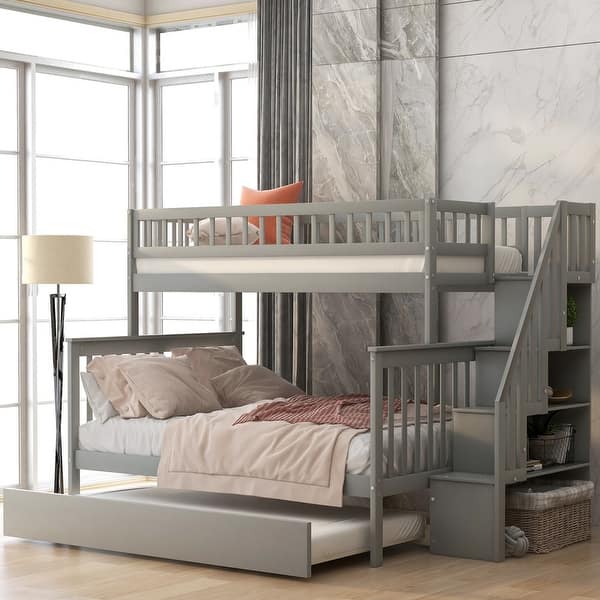 slide 2 of 24, Twin over Full Wooden Bunk Bed with Trundle and Staircase