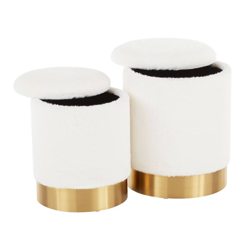 Marla Contemporary Nesting Ottoman Set in Gold Metal and Plush Fabric by LumiSource - Cream