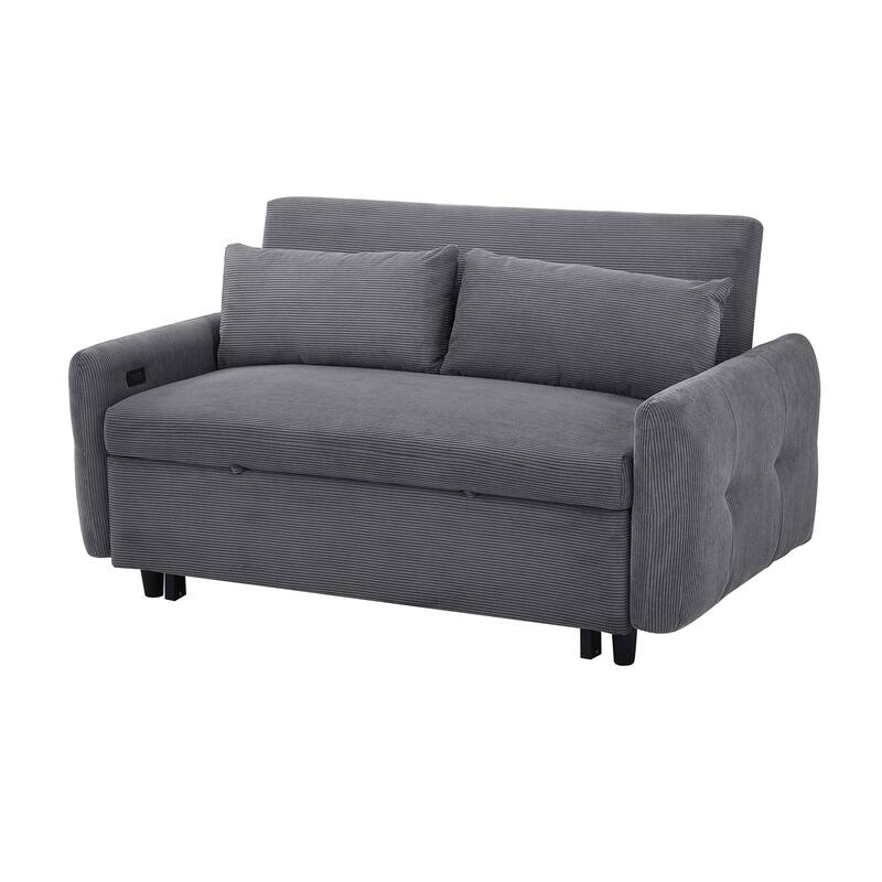 57.48" Corduroy Convertible Sofa Bed with Pull-Out Sleeper, Adjustable Backrest & USB
