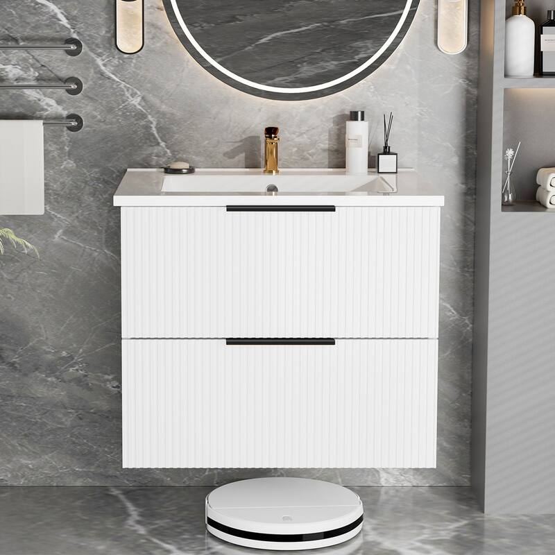 24" Floating Bathroom Vanity with Ceramic Sink - Wall Mounted Fluted Vanity Cabinet with Drawers, for Small Bathrooms - White