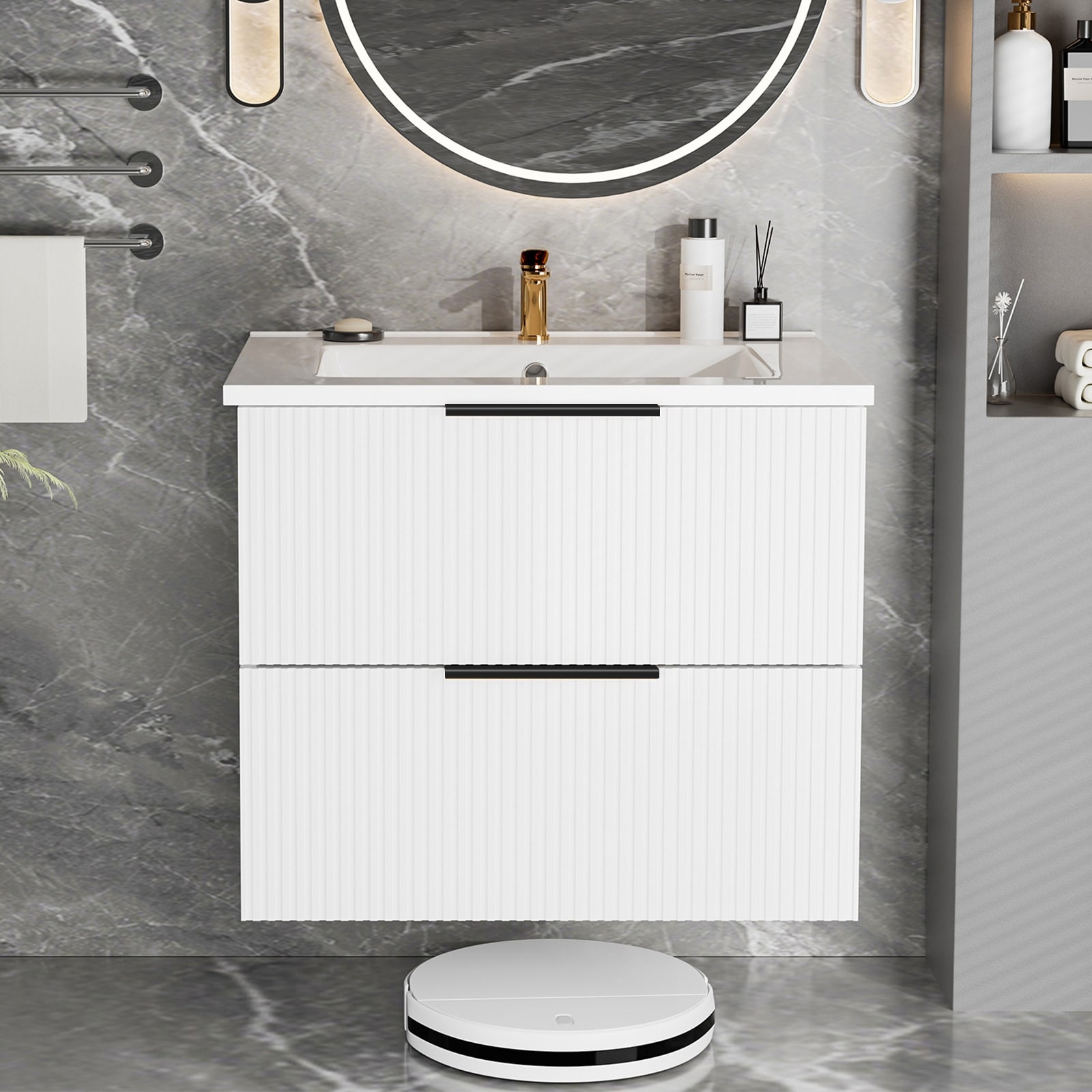 24 Inch Bathroom Vanity Cabinet With Ceramic Sink - Wall Mounted Floating Fluted Vanity With Drawers