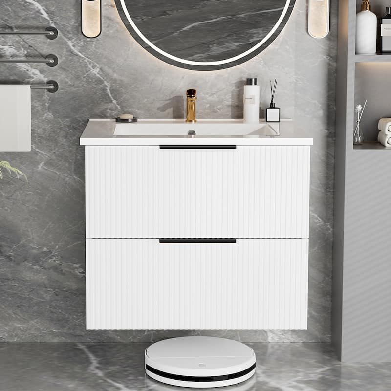 GDFStudio - Tylor Contemporary Bathroom Vanity with Ceramic Basin, Fluted Front & Wall-Mounted Design