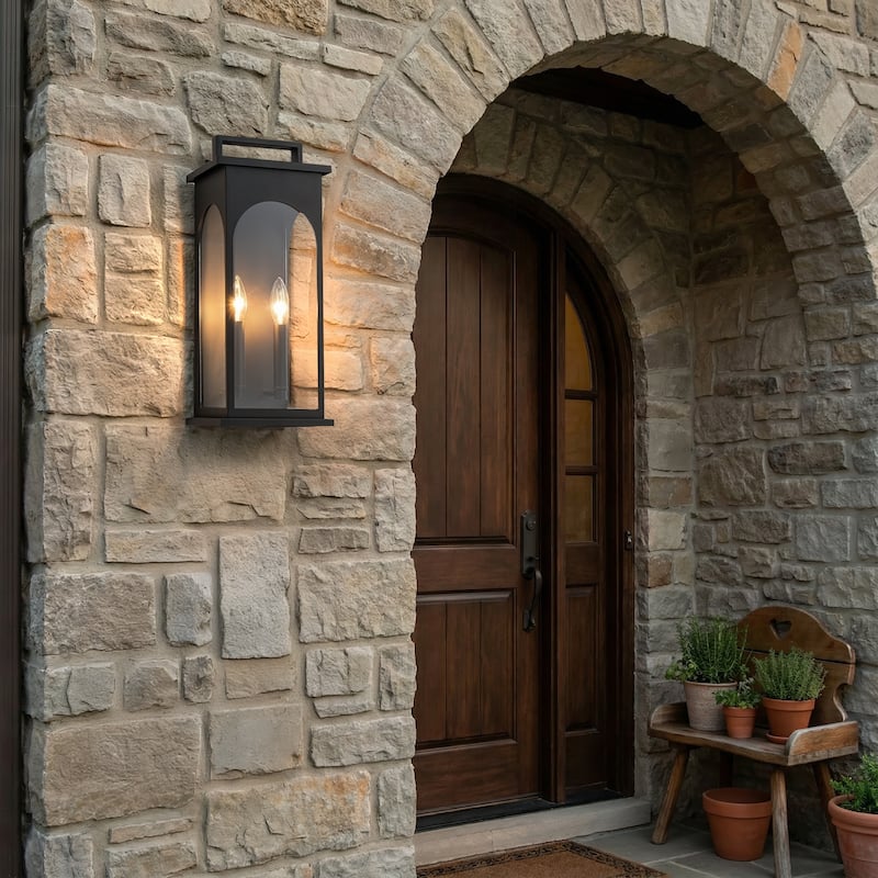 2-Light H19” Outdoor Wall Lantern Large Black Exterior Wall Light with Clear Tempered Glass for Front Door, Garage - W8‘’