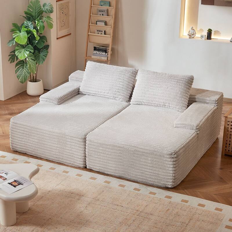Beige Corduroy Loveseat Sofa with Deep Seat 2-Seater Couch for Living Room or Office Use - 82.7" W x 66.9" D x 31.9" H