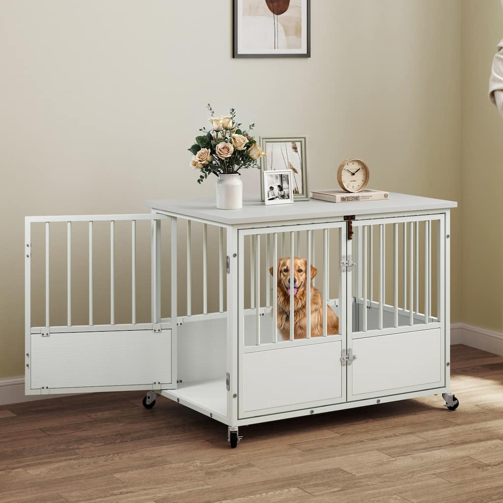38"/43" Dog Crate Furniture Cage Table with Wheels And Double Doors