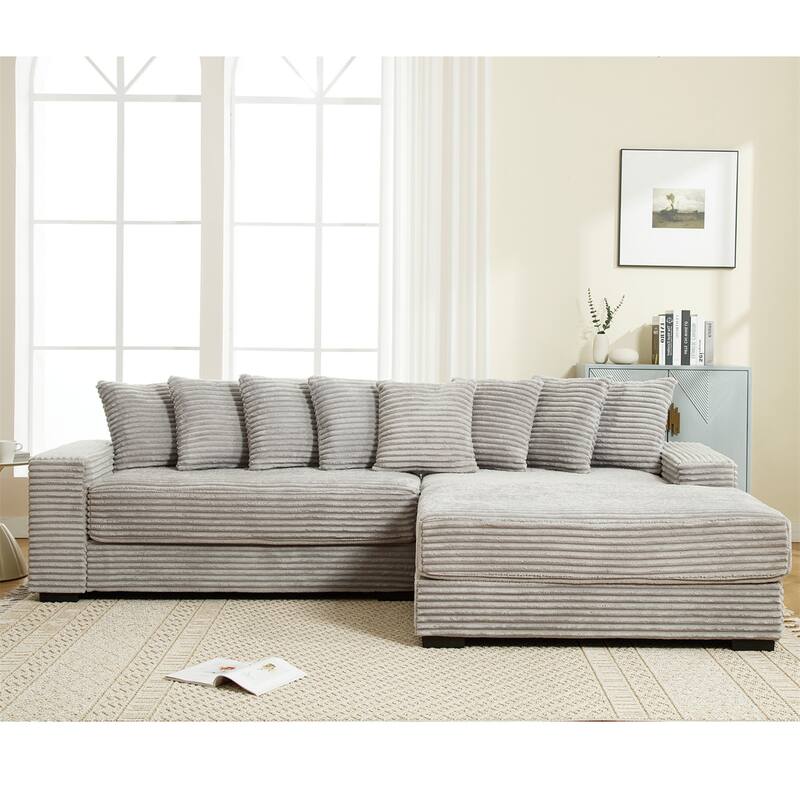 2-Piece Couches, Corduroy L-Shaped Sofa Chaise with 8 Throw Pillows