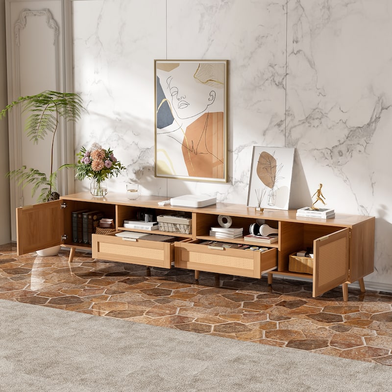 Boho Rattan TV Stand Media Console Table TV Cabinet for TVs up to 85", Natural