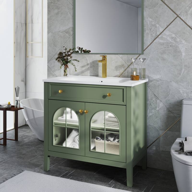 35.6" Mid-Century Bathroom Vanity Sink with Patterned Glass & Motion-sensor Light Strip, Freestanding