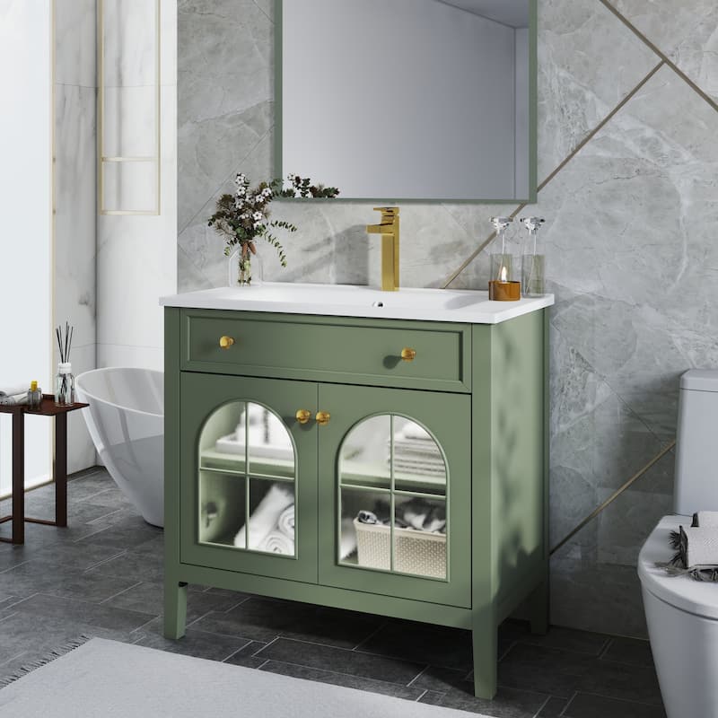 Modern Single Sink Bathroom Vanity Cabinet with Motion-sensor Light Strip & Patterned Glass, Ceramic Integrated Basin