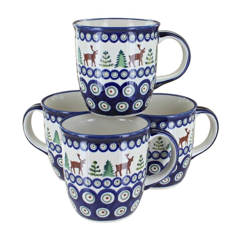 Blue Rose Polish Pottery 1800 Zaklady 4PC Mug Set - Reindeer Pine