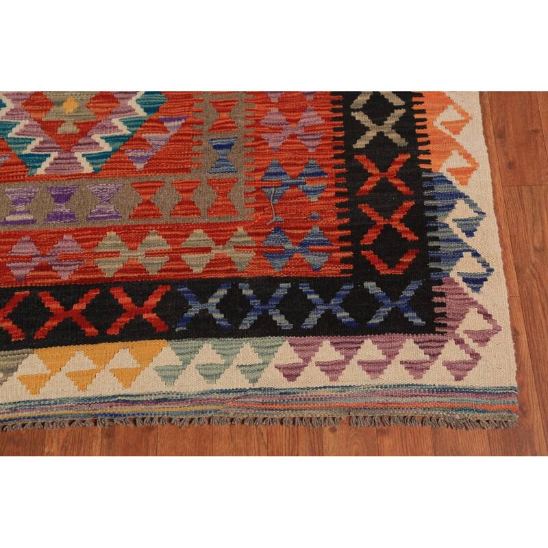 South Western Style Kilim Oriental Rug Hand-Woven Orange Wool Carpet - 8'0"x 11'4"