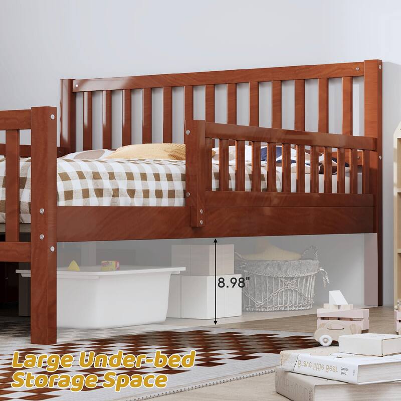 Wood Platform Bed with Guardrails on Both Sides and Two Storage Drawers