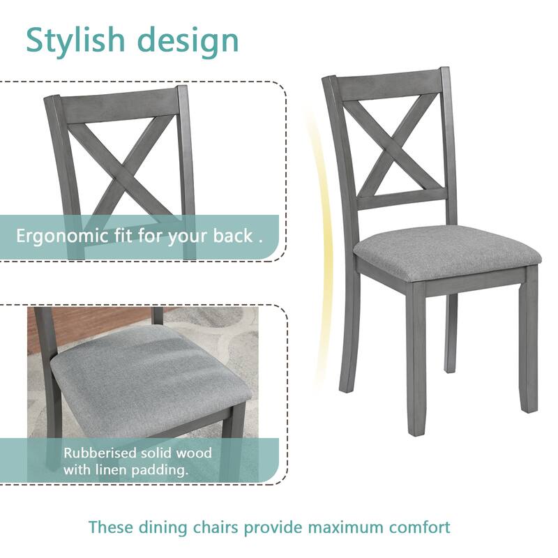 GDFStudio - Dunmore 5-Piece Farmhouse Wooden Square Dining Table Set with 4 Wooden Upholstered Dining Chairs