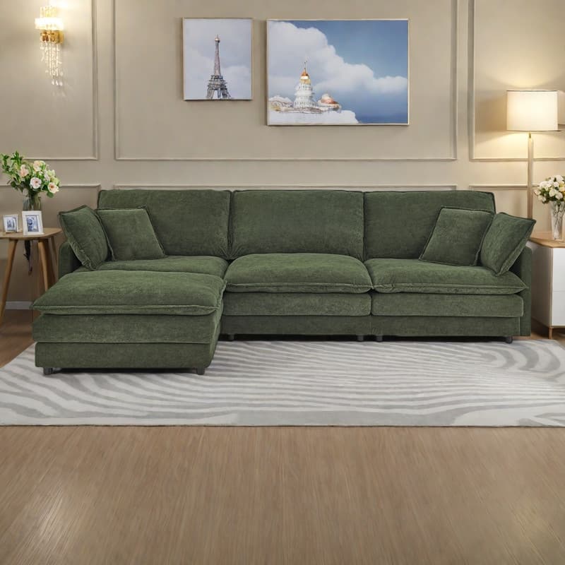 110.2" L-Shaped Sectional Sofa with Ottoman, Convertible 4-Seater Couch in Soft Towel Fabric