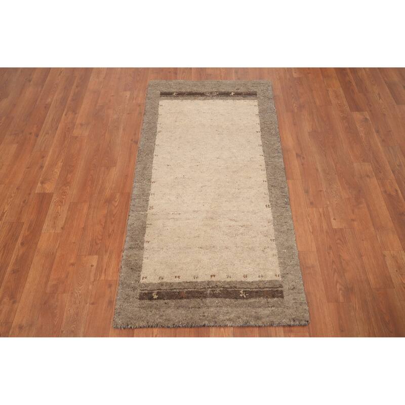 Hand Knotted Oriental 100% Wool Carpet Modern Bordered Beige & Ivories Gabbeh Area Rug - 4' 5'' X 2' 2''